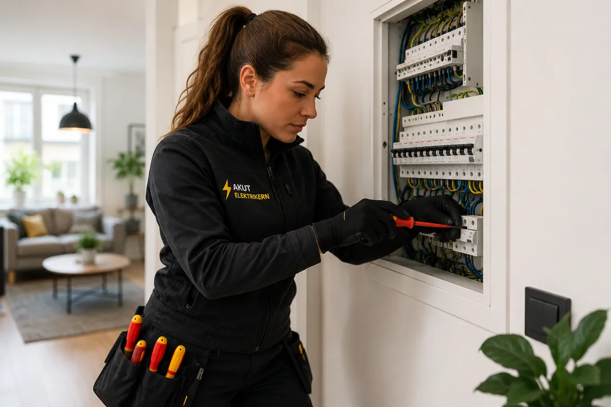 Elektriker arbetar med en jordfelsbrytare som löser ut i Jönköping.