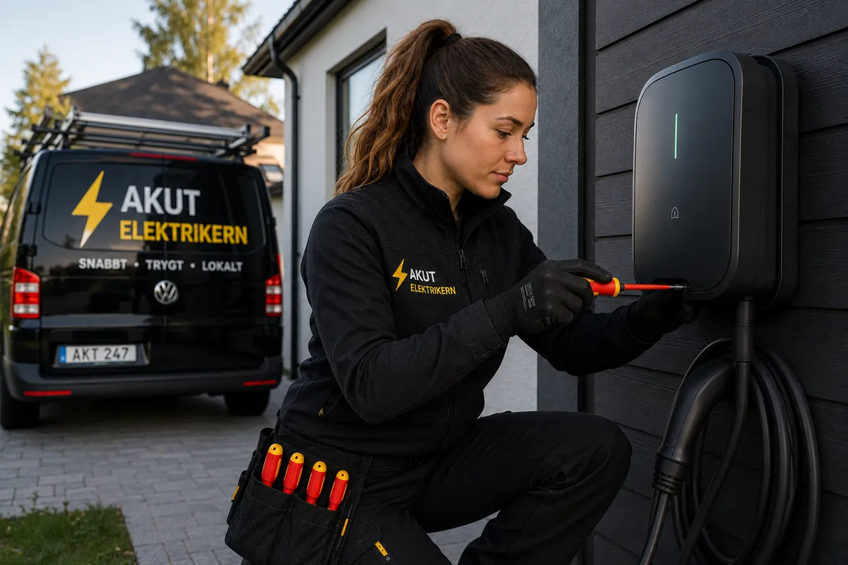Elektriker arbetar med laddbox som inte fungerar i Jönköping.