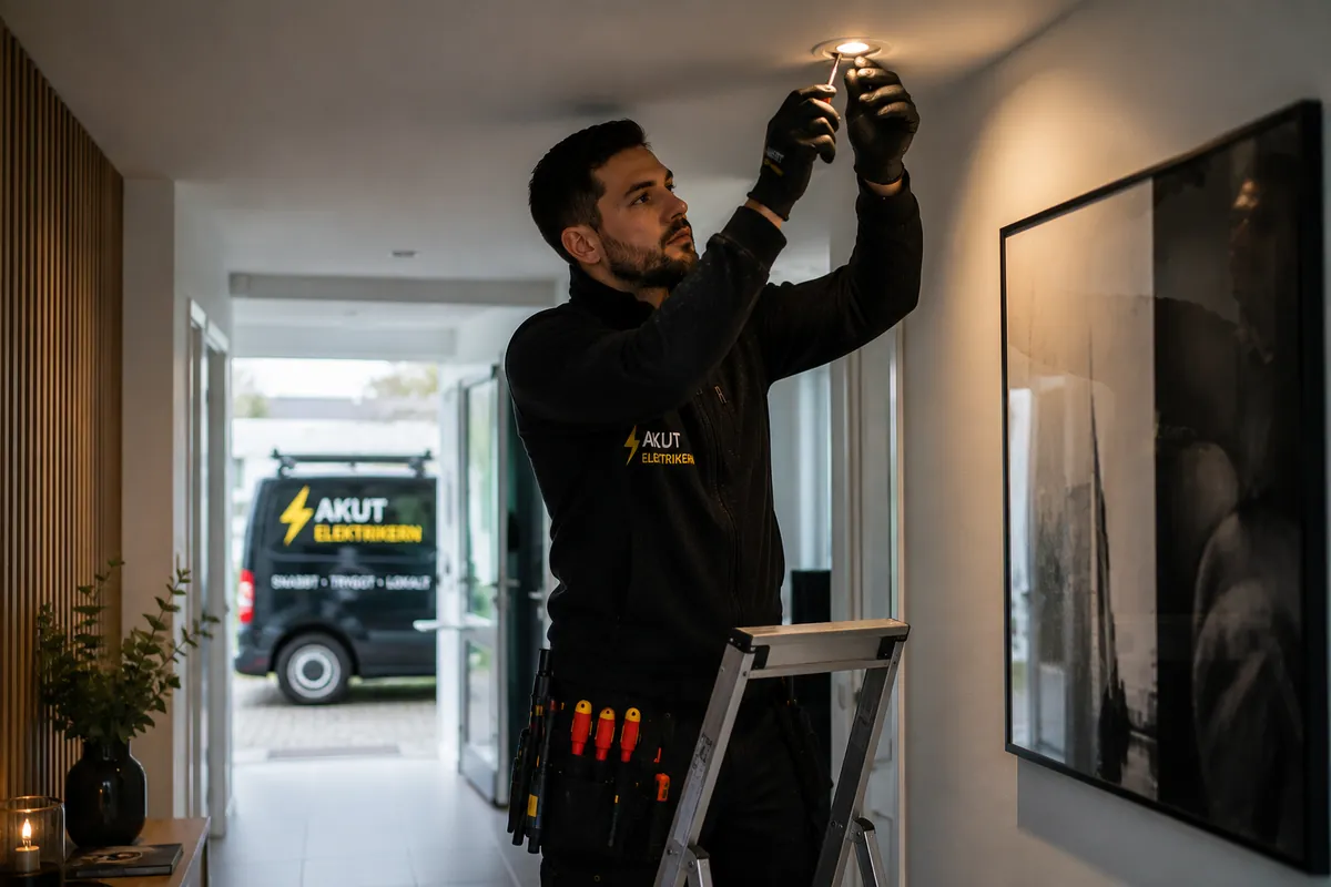 Elektriker arbetar med lampor som blinkar i Jönköping.