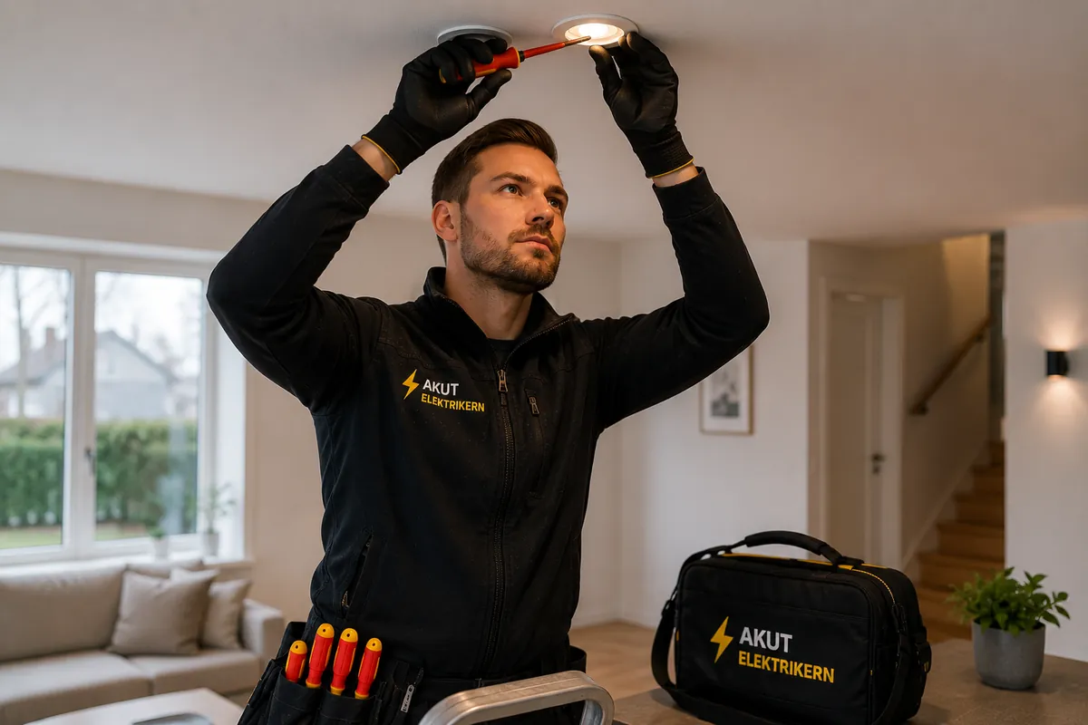 Elektriker arbetar med belysning som slutat fungera i Jönköping.