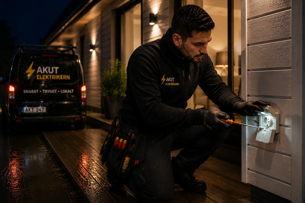 Elektriker arbetar med brandlukt eller bränt uttag i Jönköping.