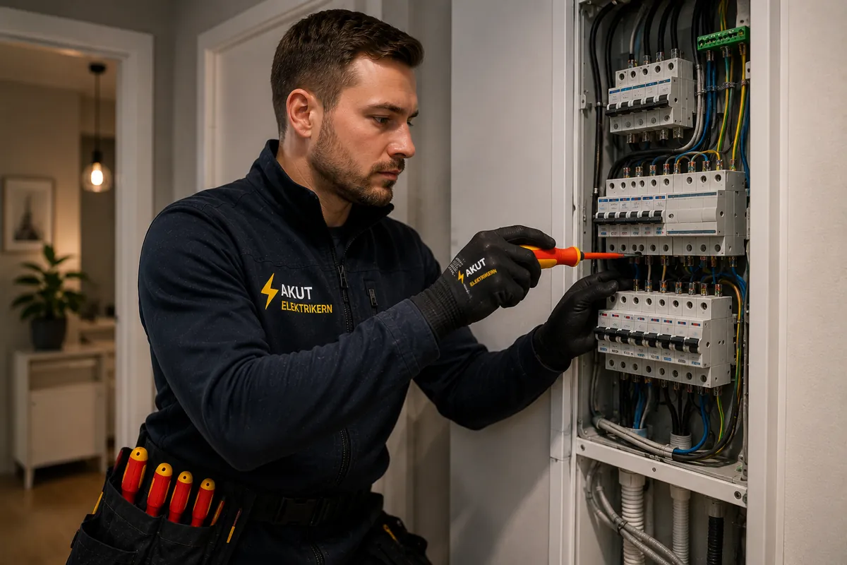Elektriker arbetar med varmgång i elcentralen i Jönköping.